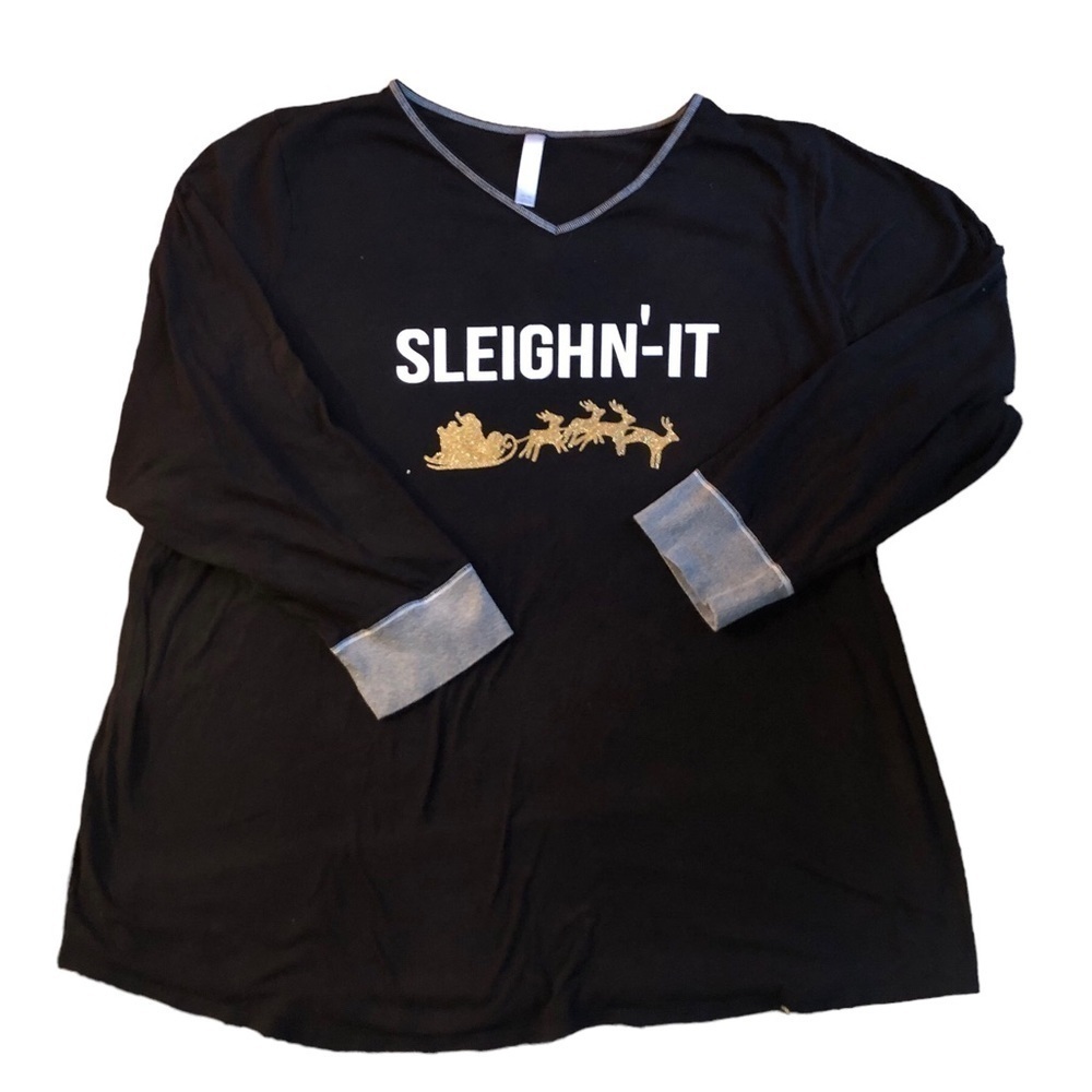 Cacique Sleep SLEIGHIN’-IT Graphic V Neck Sleep LS Holiday PJ Top Pajama 26/28